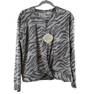 Knox Rose Animal Print Sweatshirt L Heather Gray Twist Front Zebra Stripe Casual